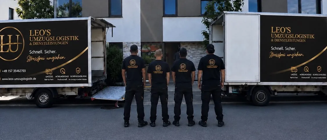 Team und beide Umzugsfahrzeuge von Leos Umzugslogistik am Einsatzort