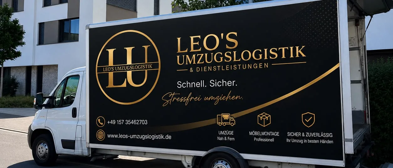 Umzugsfahrzeug von Leos Umzugslogistik direkt vor der Haustür geparkt
