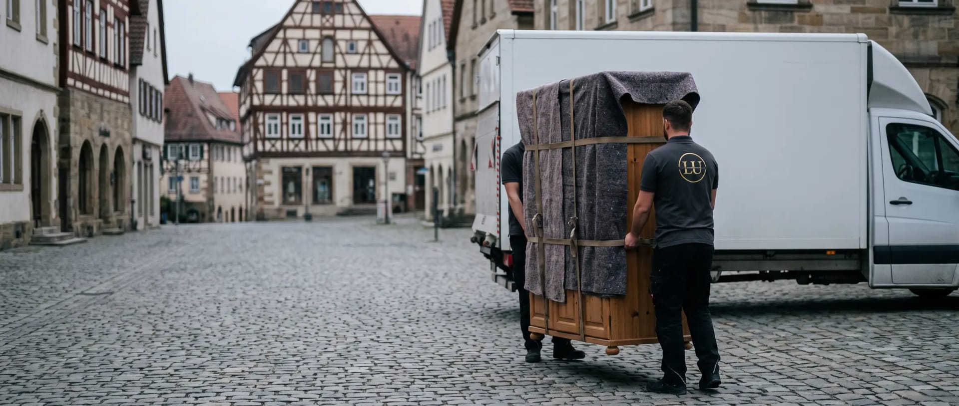 Zwei Mitarbeiter tragen einen gepolsterten Schrank über einen Marktplatz zum Umzugsfahrzeug