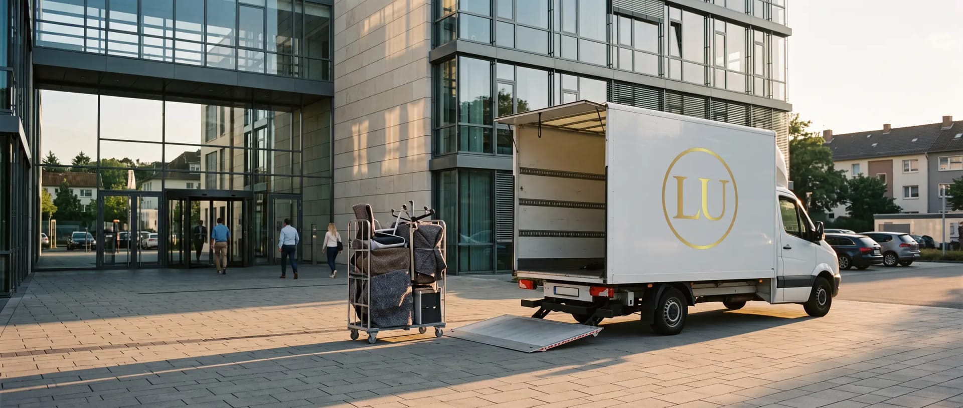 Umzugsfahrzeug mit Ladebordwand vor einem Bürogebäude, Rollcontainer mit Büromöbeln daneben