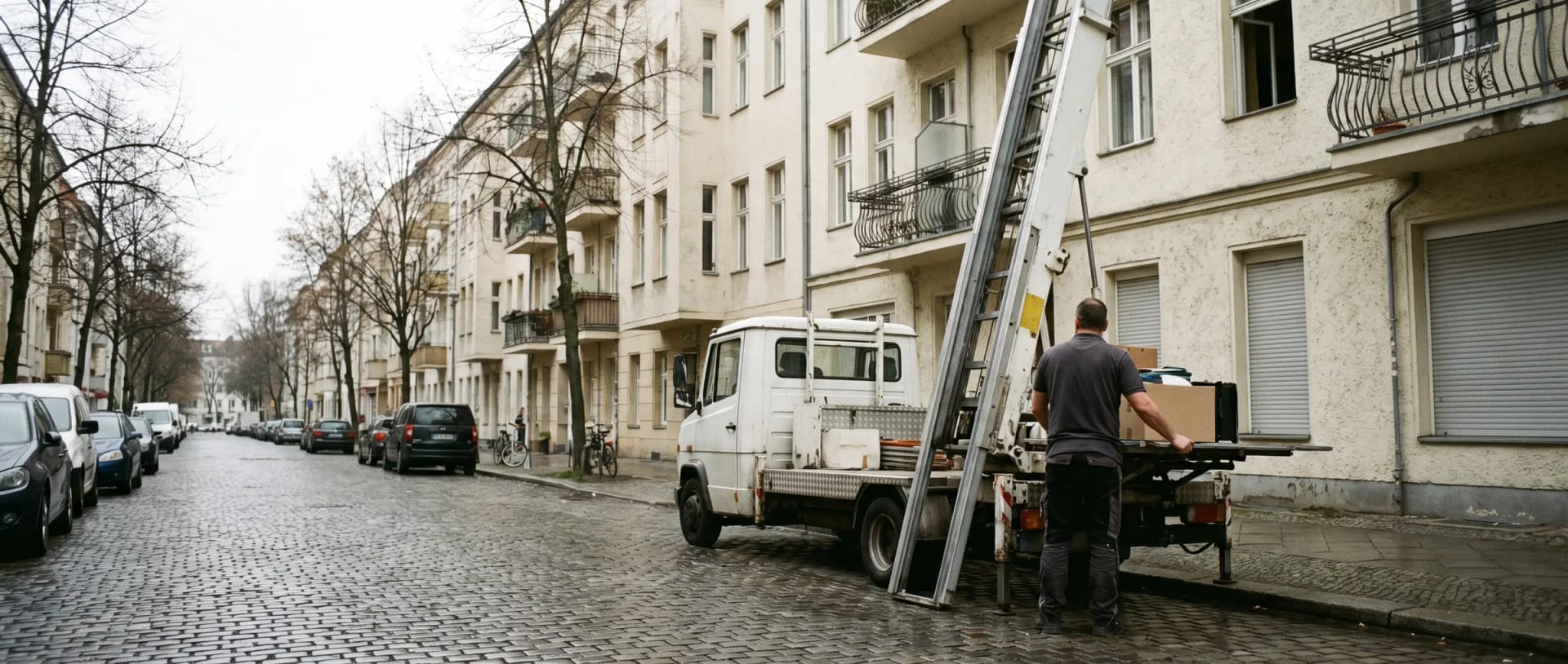Möbellift an einer Altbaufassade, ausgefahren bis zum Fenster im Obergeschoss