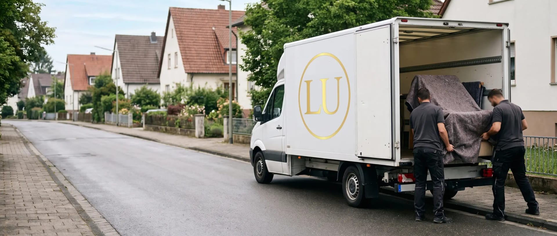 Umzugsfahrzeug von Leos Umzugslogistik am Straßenrand, zwei Mitarbeiter beladen den Laderaum